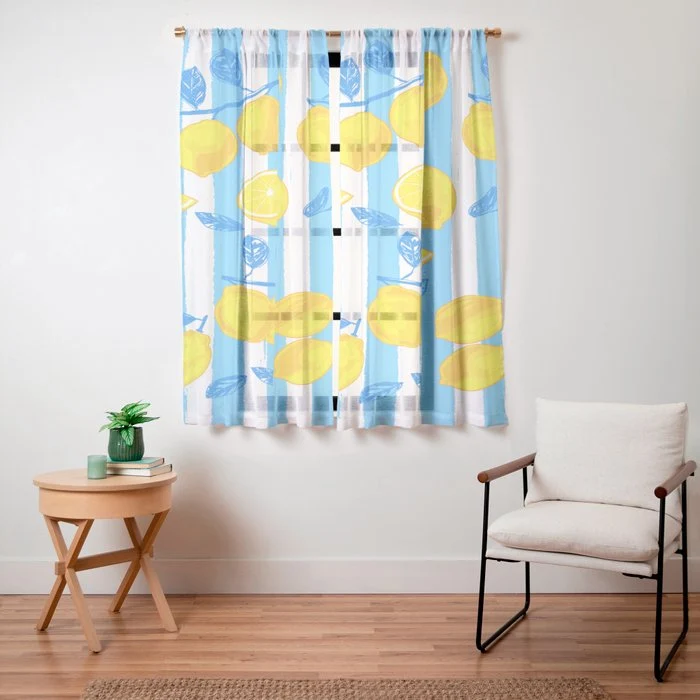Italian Summer Lemons Pattern Coastal Mediterranean Illustration Window Curtain