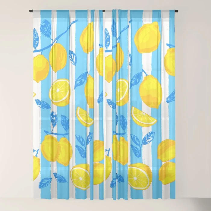 Italian Summer Lemons Pattern Coastal Mediterranean Illustration Window Curtain