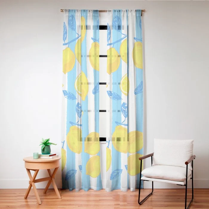 Italian Summer Lemons Pattern Coastal Mediterranean Illustration Window Curtain