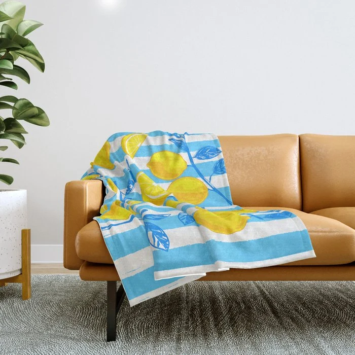 Italian Summer Lemons Pattern Coastal Mediterranean Illustration Throw Blanket