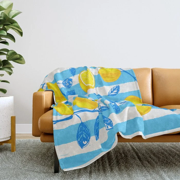 Italian Summer Lemons Pattern Coastal Mediterranean Illustration Throw Blanket