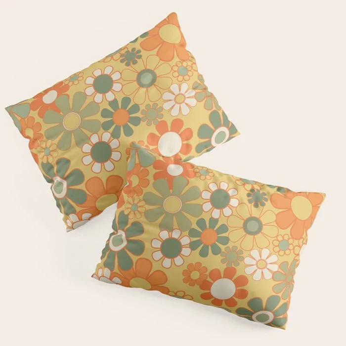 Retro 70s Floral Pattern in Mossy Sage Olive Green Orange Mustard Pillow Sham