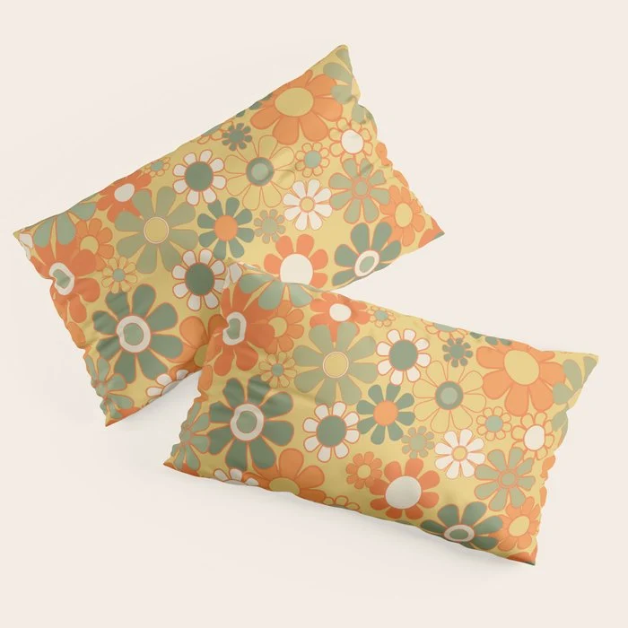 Retro 70s Floral Pattern in Mossy Sage Olive Green Orange Mustard Pillow Sham