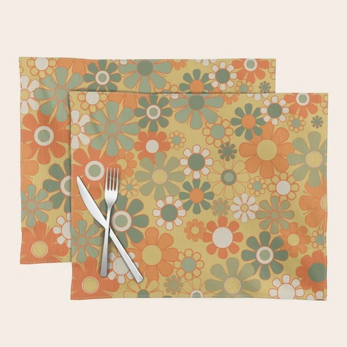Retro 70s Floral Pattern in Mossy Sage Olive Green Orange Mustard Placemat