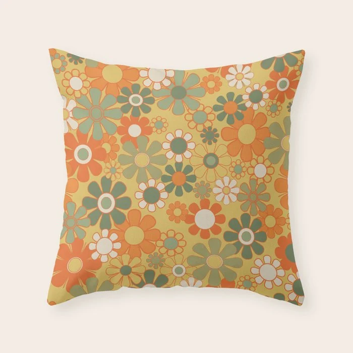 Retro 70s Floral Pattern in Mossy Sage Olive Green Orange Mustard Throw Pillow