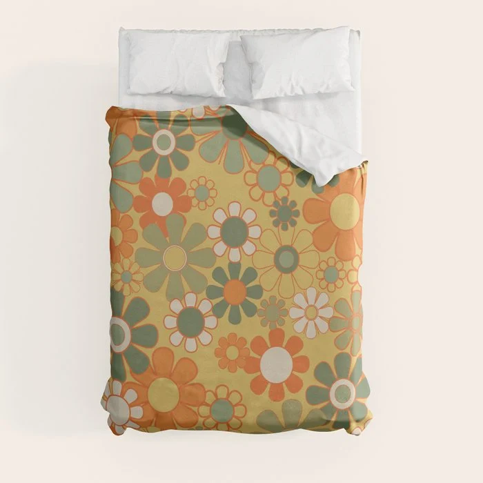 Retro 70s Floral Pattern in Mossy Sage Olive Green Orange Mustard Duvet Cover