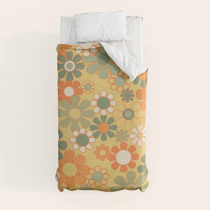 Retro 70s Floral Pattern in Mossy Sage Olive Green Orange Mustard Duvet Cover
