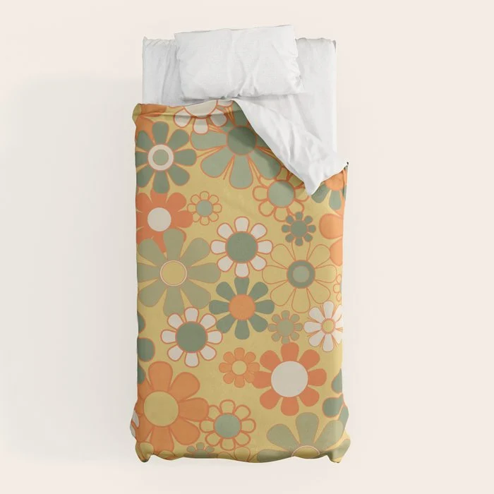 Retro 70s Floral Pattern in Mossy Sage Olive Green Orange Mustard Duvet Cover
