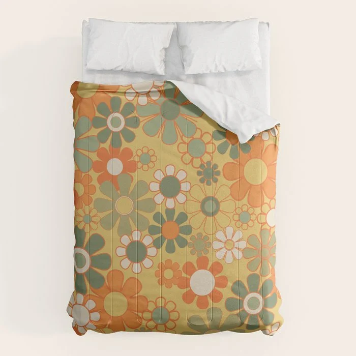 Retro 70s Floral Pattern in Mossy Sage Olive Green Orange Mustard Comforter