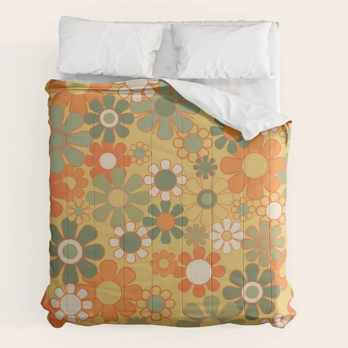 Retro 70s Floral Pattern in Mossy Sage Olive Green Orange Mustard Comforter