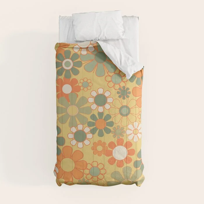 Retro 70s Floral Pattern in Mossy Sage Olive Green Orange Mustard Comforter