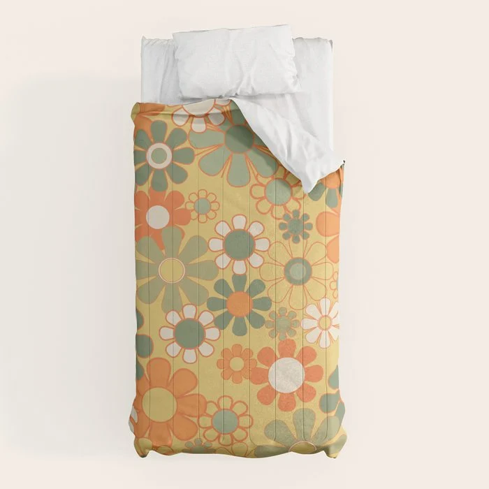 Retro 70s Floral Pattern in Mossy Sage Olive Green Orange Mustard Comforter