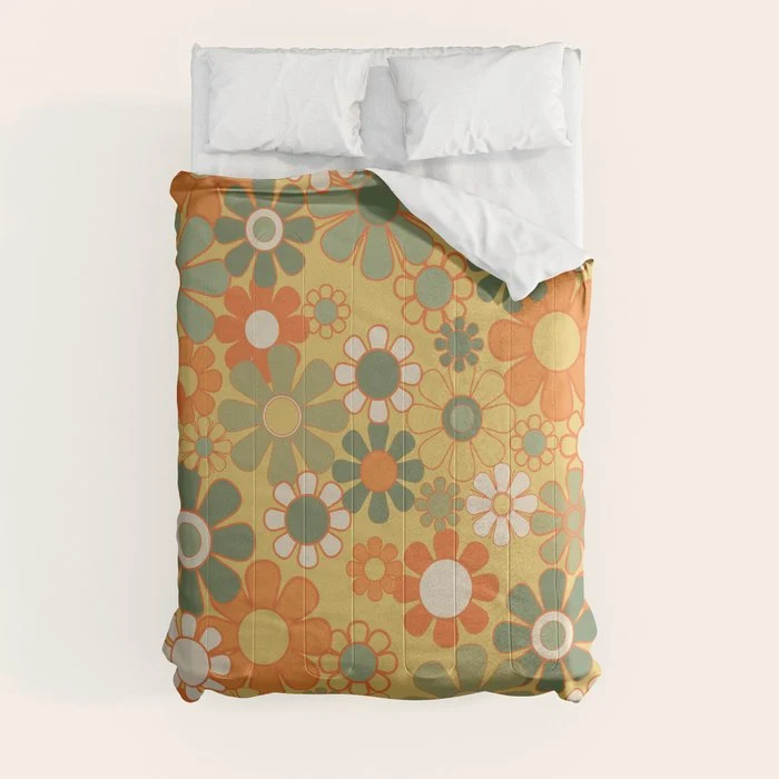 Retro 70s Floral Pattern in Mossy Sage Olive Green Orange Mustard Comforter