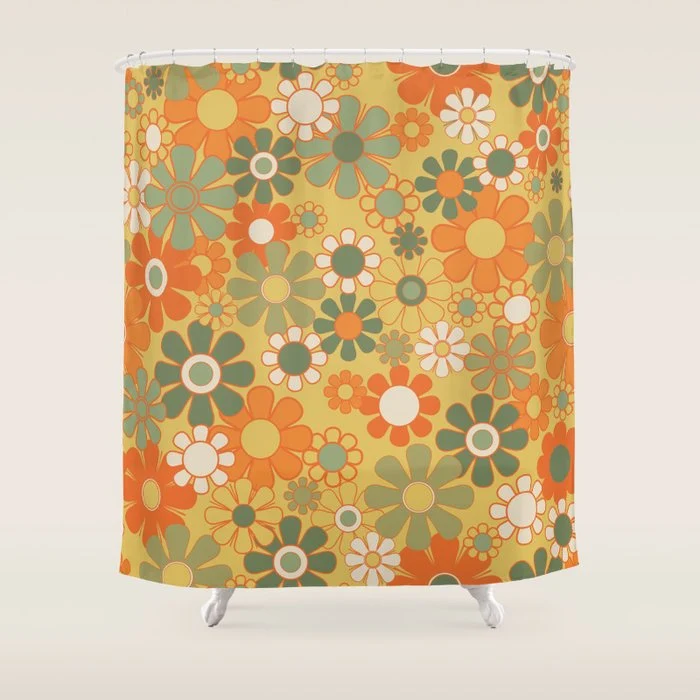 Retro 70s Floral Pattern in Mossy Sage Olive Green Orange Mustard Shower Curtain