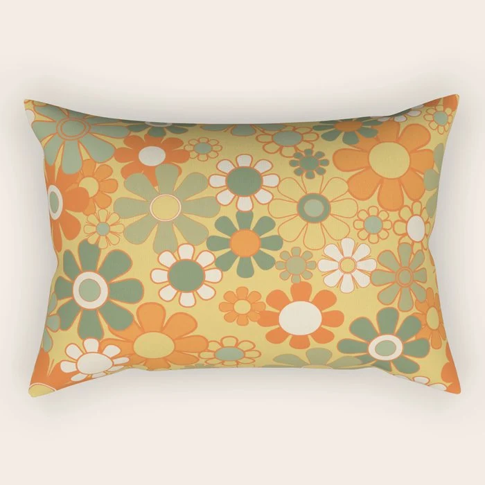 Retro 70s Floral Pattern in Mossy Sage Olive Green Orange Mustard Rectangular Pillow