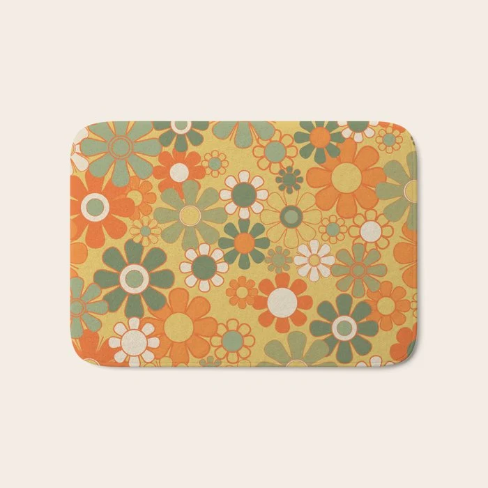Retro 70s Floral Pattern in Mossy Sage Olive Green Orange Mustard Bath Mat