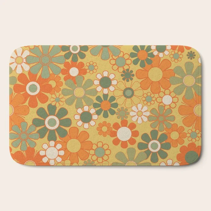 Retro 70s Floral Pattern in Mossy Sage Olive Green Orange Mustard Bath Mat