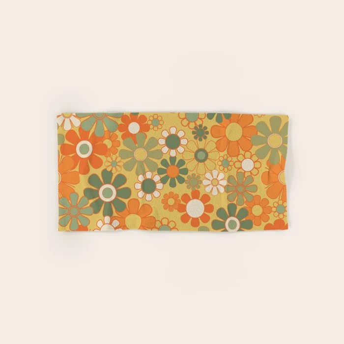 Retro 70s Floral Pattern in Mossy Sage Olive Green Orange Mustard Bath Towel