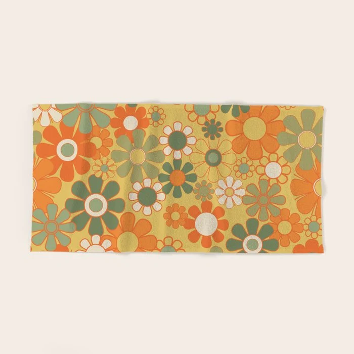 Retro 70s Floral Pattern in Mossy Sage Olive Green Orange Mustard Bath Towel