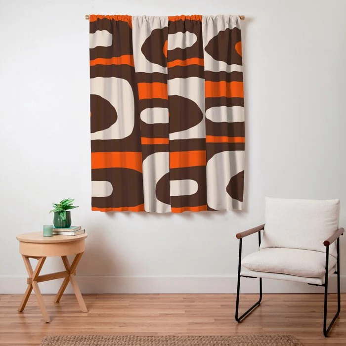 Retro 70s Aesthetic Abstract Mid Century Modern Minimalist Piquet Pattern Brown and Orange Window Curtain