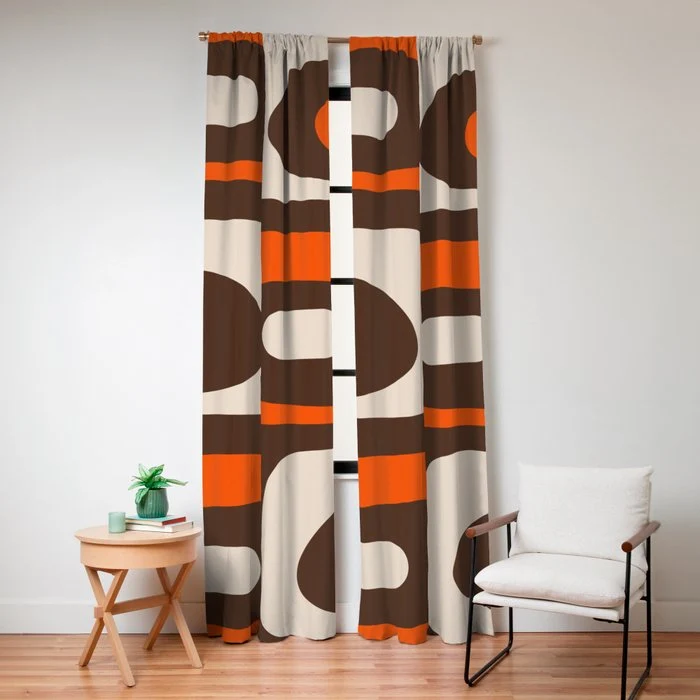Retro 70s Aesthetic Abstract Mid Century Modern Minimalist Piquet Pattern Brown and Orange Window Curtain