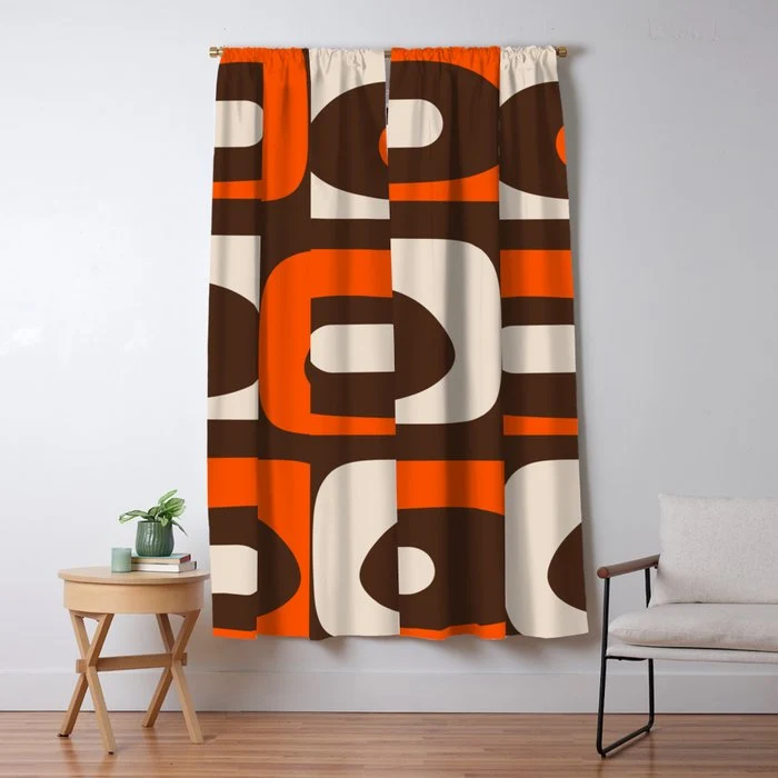 Retro 70s Aesthetic Abstract Mid Century Modern Minimalist Piquet Pattern Brown and Orange Window Curtain