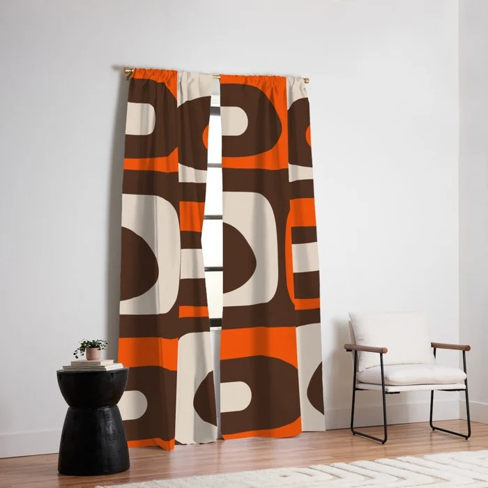 Retro 70s Aesthetic Abstract Mid Century Modern Minimalist Piquet Pattern Brown and Orange Window Curtain