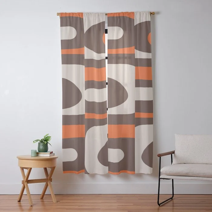 Retro 70s Aesthetic Abstract Mid Century Modern Minimalist Piquet Pattern Brown and Orange Window Curtain
