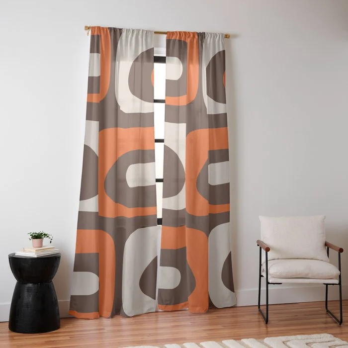 Retro 70s Aesthetic Abstract Mid Century Modern Minimalist Piquet Pattern Brown and Orange Window Curtain