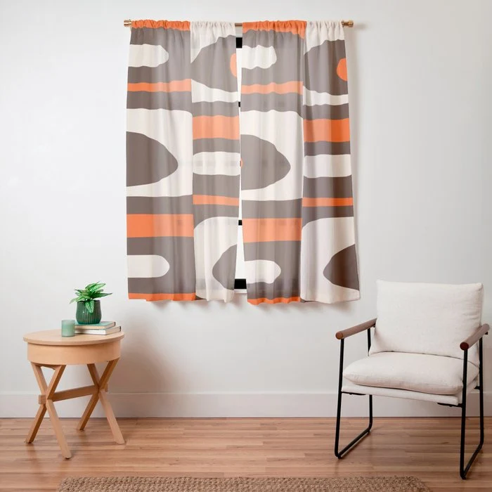 Retro 70s Aesthetic Abstract Mid Century Modern Minimalist Piquet Pattern Brown and Orange Window Curtain