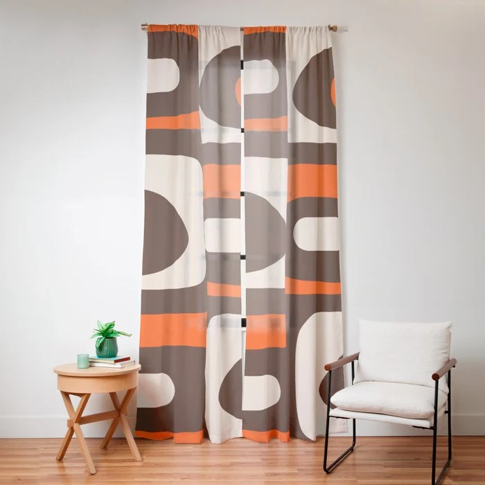 Retro 70s Aesthetic Abstract Mid Century Modern Minimalist Piquet Pattern Brown and Orange Window Curtain