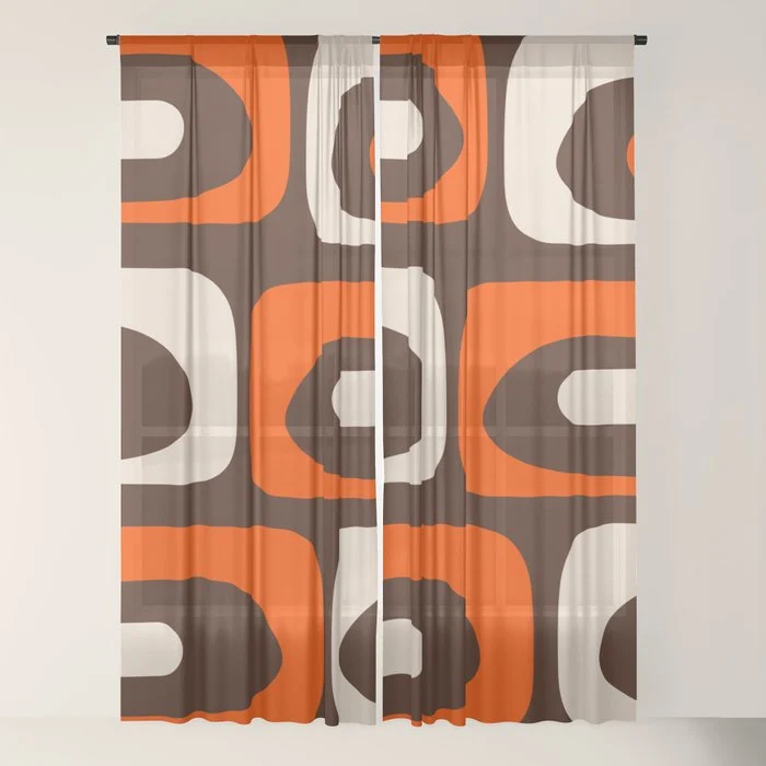 Retro 70s Aesthetic Abstract Mid Century Modern Minimalist Piquet Pattern Brown and Orange Window Curtain