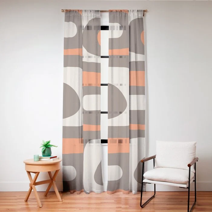 Retro 70s Aesthetic Abstract Mid Century Modern Minimalist Piquet Pattern Brown and Orange Window Curtain