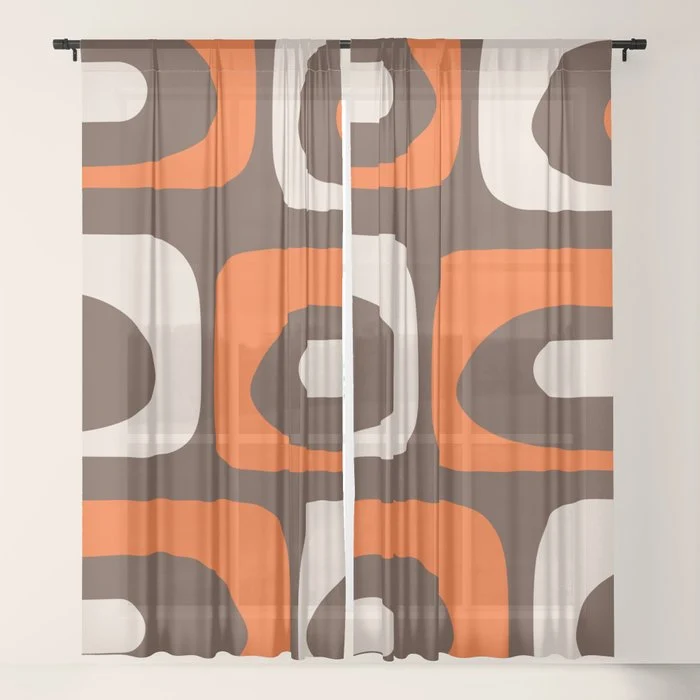 Retro 70s Aesthetic Abstract Mid Century Modern Minimalist Piquet Pattern Brown and Orange Window Curtain