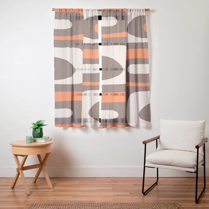 Retro 70s Aesthetic Abstract Mid Century Modern Minimalist Piquet Pattern Brown and Orange Window Curtain