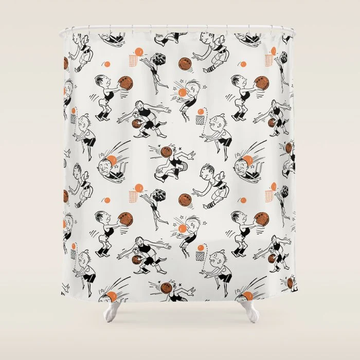 Basketball Fun Comic Illustration Pattern with Balls on Grey Background Shower Curtain