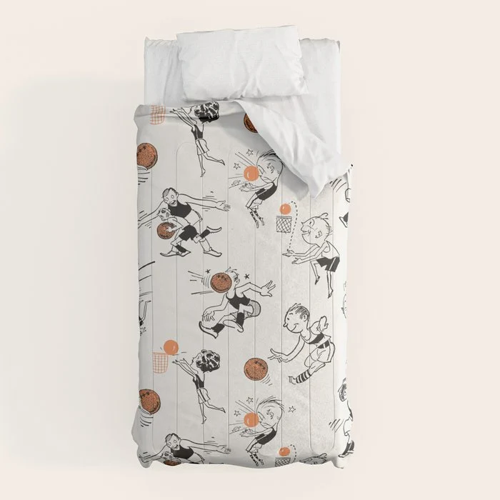 Basketball Fun Comic Illustration Pattern with Balls on Grey Background Comforter