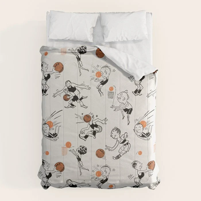 Basketball Fun Comic Illustration Pattern with Balls on Grey Background Comforter