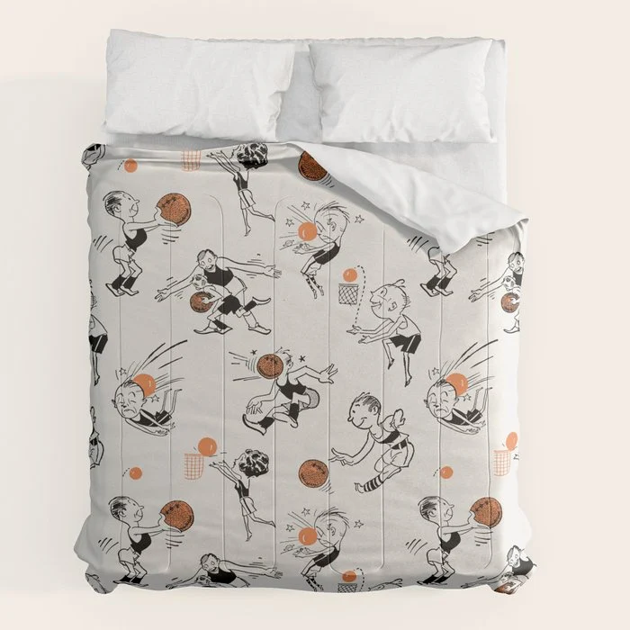 Basketball Fun Comic Illustration Pattern with Balls on Grey Background Comforter