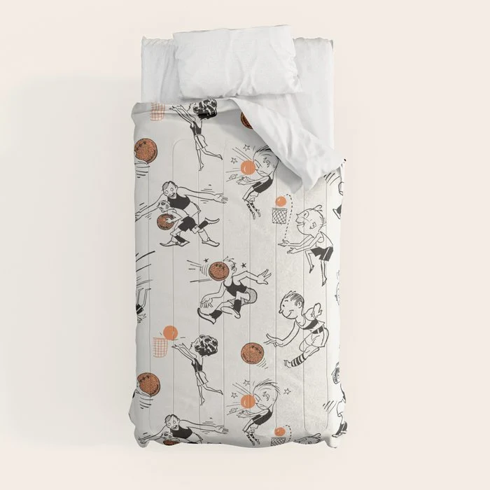 Basketball Fun Comic Illustration Pattern with Balls on Grey Background Comforter