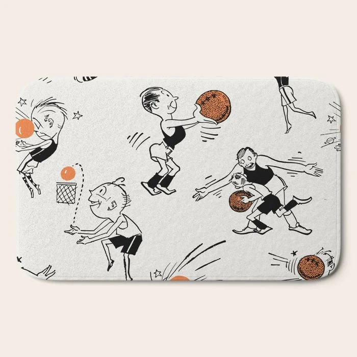 Basketball Fun Comic Illustration Pattern with Balls on Grey Background Bath Mat