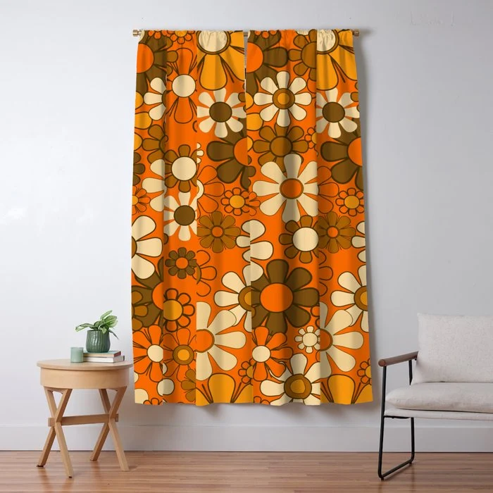 70s Retro Floral Pattern Groovy Garden Flowers in Orange and Brown Window Curtain