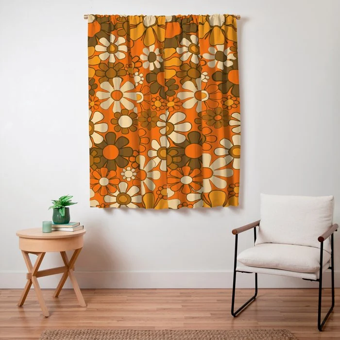 70s Retro Floral Pattern Groovy Garden Flowers in Orange and Brown Window Curtain