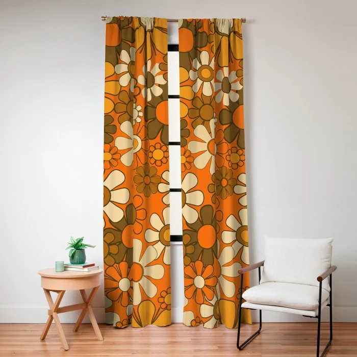 70s Retro Floral Pattern Groovy Garden Flowers in Orange and Brown Window Curtain
