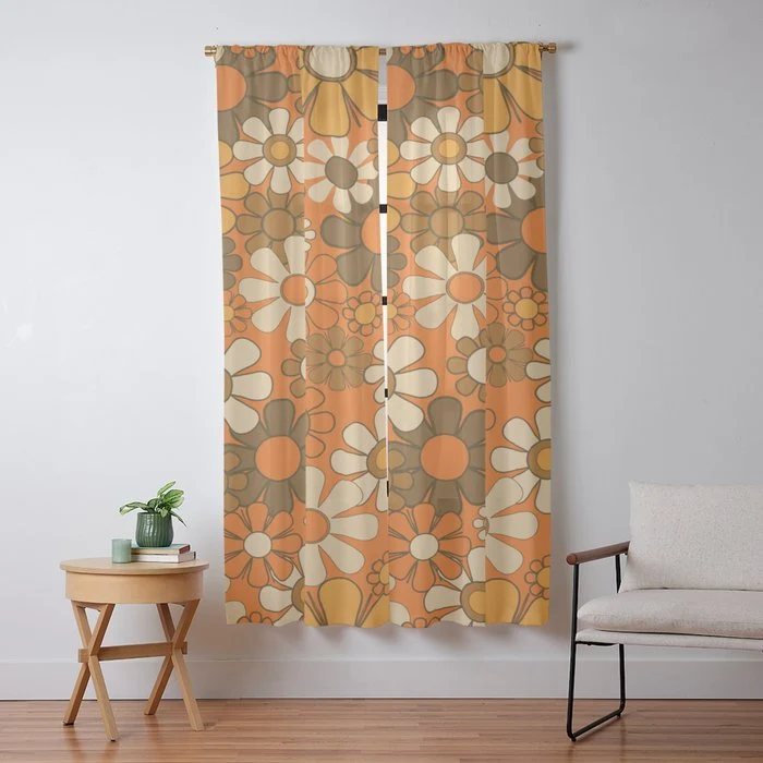 70s Retro Floral Pattern Groovy Garden Flowers in Orange and Brown Window Curtain