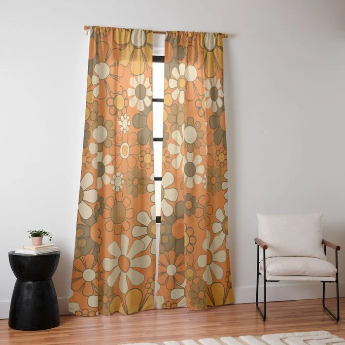 70s Retro Floral Pattern Groovy Garden Flowers in Orange and Brown Window Curtain