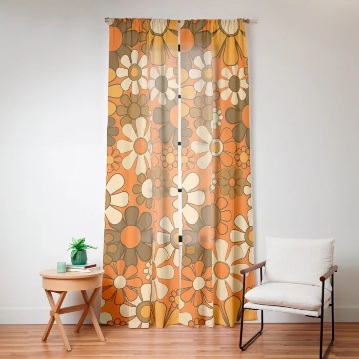 70s Retro Floral Pattern Groovy Garden Flowers in Orange and Brown Window Curtain
