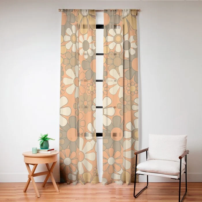 70s Retro Floral Pattern Groovy Garden Flowers in Orange and Brown Window Curtain