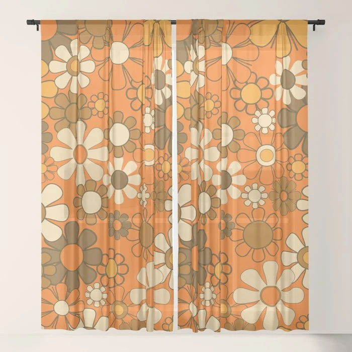 70s Retro Floral Pattern Groovy Garden Flowers in Orange and Brown Window Curtain