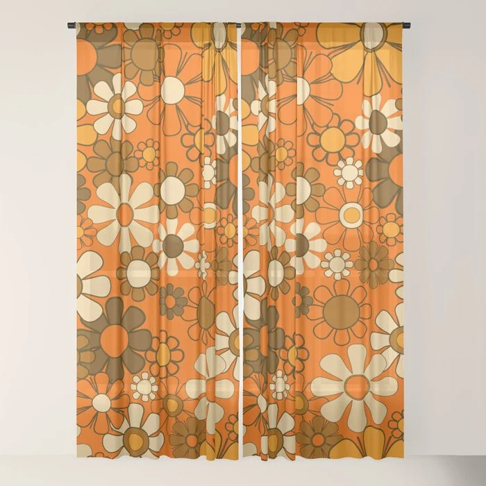 70s Retro Floral Pattern Groovy Garden Flowers in Orange and Brown Window Curtain